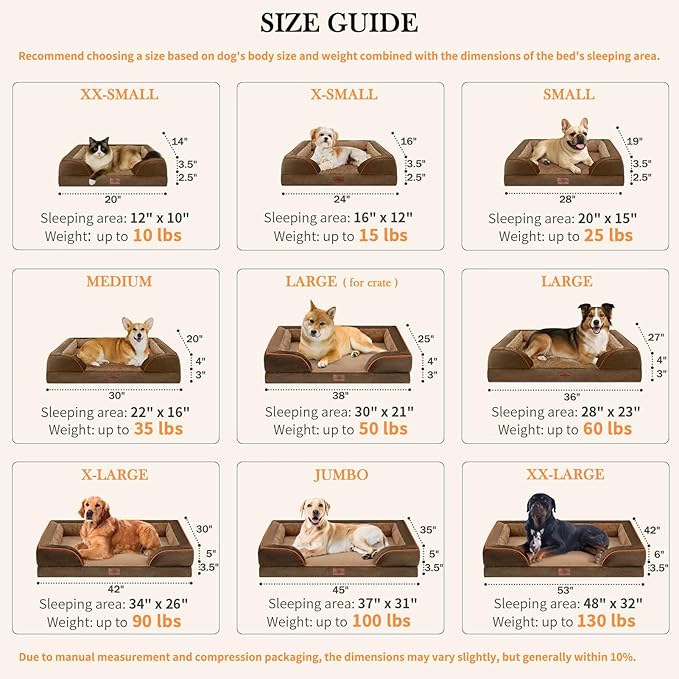 Comfort Expression Orthopedic Dog Bed for Extra Large Dogs 45x35 Inch, Waterproof Supportive Memory Foam XL Pet Bed with Removable Bolster, Dog Couch with Washable Cover & Non-Slip Bottom, Khaki Brown