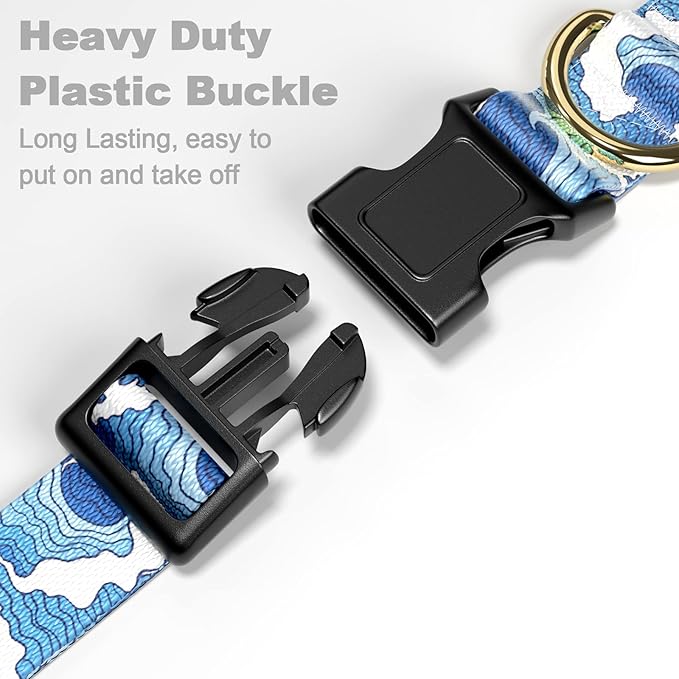 Rnivvi Dog Collar for Medium Dogs, Cute Heavy Duty Adjustable Puppy Collar with Quick Release Buckle for Boy Girl & Female, Pet Accessories for Walking Running, M Length 1" Width, Japanese Style Wave