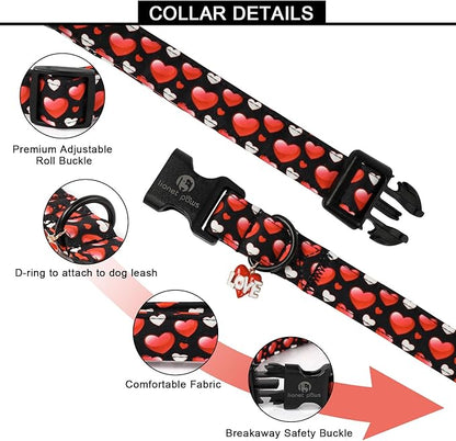 Lionet Paws Valentine's Dog Collar- Cute Sweet Pink Heart Black Dog Collars with Plastic Buckle, Light Adjustable Dog Collars for Medium Dogs