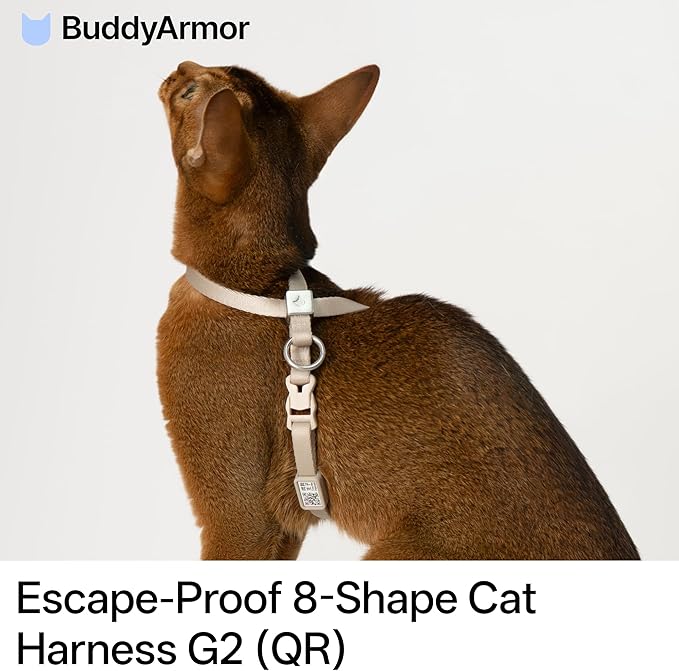 BuddyArmor Escape Proof Cat Harness Anti-Choke Quick Release Adjustable QR Code Soft Nylon Durable Lightweight Figure 8 Cat Harness Anti Escape for Kitten Small Medium Cats (Linen, S)