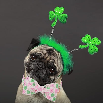 St Patricks Day Dog Collar with Bow Tie - Cotton Pink Green Clover Bowtie Dog Collar Adjustable Heavy Duty Holiday Dog Collars for Small Medium Large Dogs L