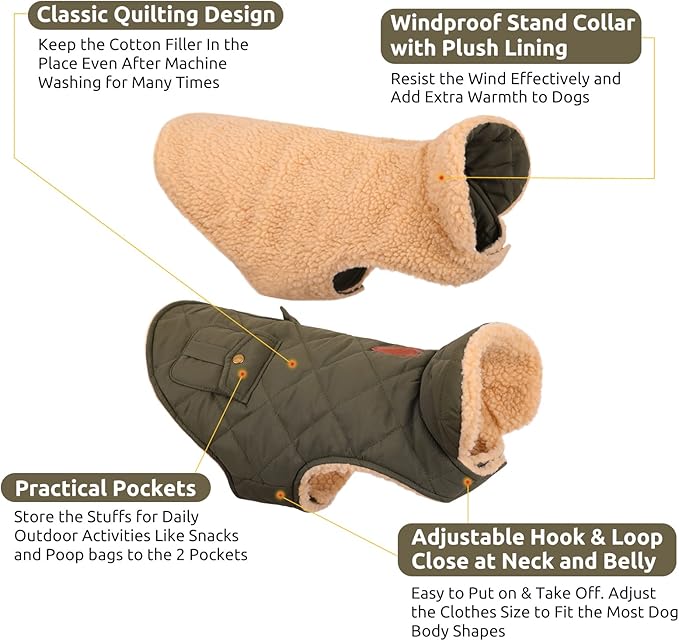 Queenmore Warm Puffer Dog Coat, Quilting Winter Jacket Ultra Thick Plush Lining with Storage Pockets (Green, X-Small)
