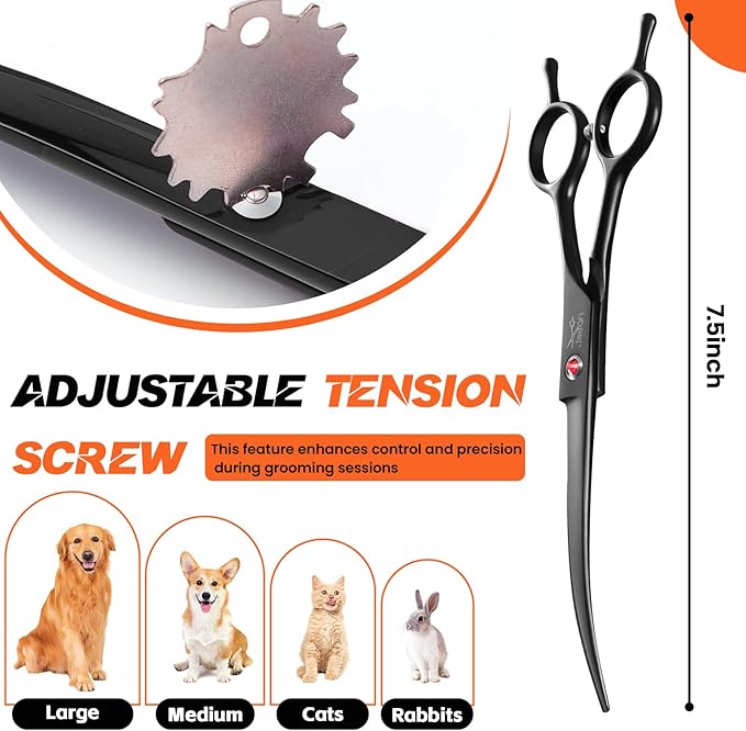 JASON 7.5" Dog Grooming Scissor - Professional Down-curved Shear with Ergonomic Handle Japanese Stainless Steel Hair Scissor for Dogs, Cats and Other Pets, Sharp (Down-curved, Black) Christmas Gift