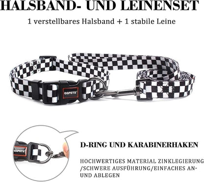 Roses&Poetry Dog Collar and Leash for Medium Large, Adjustable Durable 5ft Puppy Leash Collar for Dog Training Lead（Black & White-L）