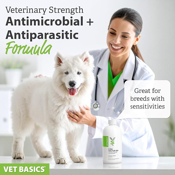 Vet Basics Lime Sulfur Dip – Skin Itch Relief Concentrated Antimicrobial & Antiparasitic Solution for Dogs, Cats, Puppies, Kittens & Horses, Helps Manage Ringworm, Mange, Skin Irritation, 16oz