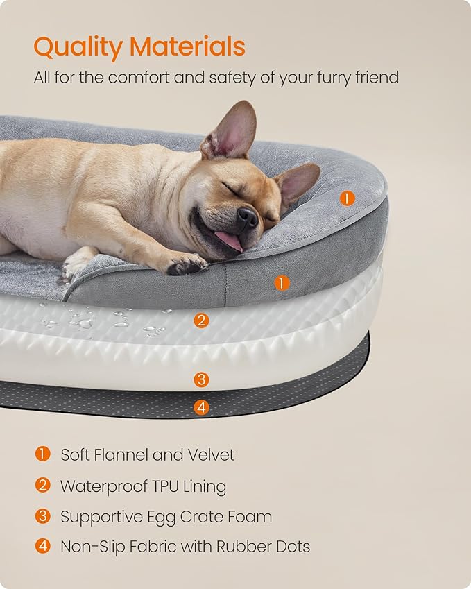 Feandrea Dog Bed, Medium Orthopaedic Dog Sofa Bed, 30 x 20 x 7 Inches, Egg Crate Foam, Waterproof Liner, Raised Edges, Removable and Machine Washable Cover, Non-Slip, Light Gray UPGW281G01