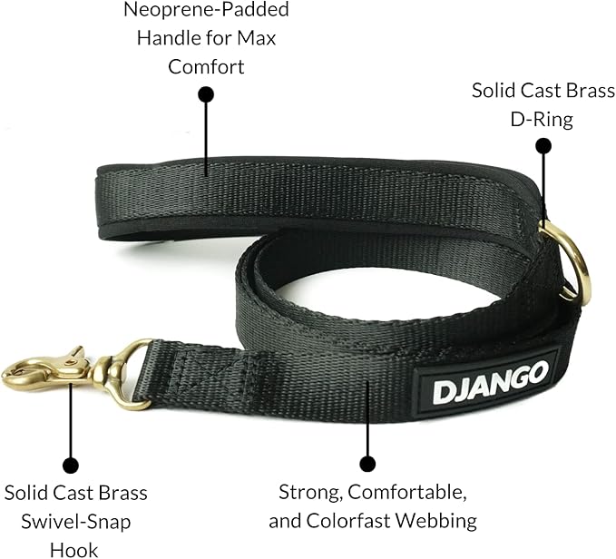 DJANGO Adventure Dog Leash – Strong, Comfortable, and Stylish Dog Leash with Solid Brass Hardware and Padded Handle - Designed for Outdoor Adventures and Everyday Use (Black)