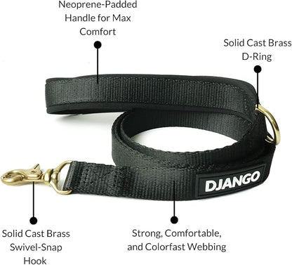 DJANGO Adventure Dog Leash – Strong, Comfortable, and Stylish Dog Leash with Solid Brass Hardware and Padded Handle - Designed for Outdoor Adventures and Everyday Use (Black)