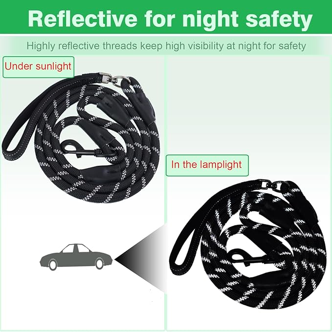 Dog Leash, 6 Foot Dog Leash, 2 Extra Padded Handles, Lockable Metal Carabiner Clip, Reflective No Pull Heavy Duty Rope Lead, Walking, Training, Running, Medium to Large Breeds（Black）