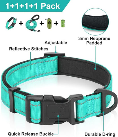Dynmeow Reflective Dog Collar and Leash Set, 6FT Strong Climbing Rope Leash with Padded Handle, Adjustable Pet Collar with Soft Neoprene Padding for Medium Large Dogs, Teal, M
