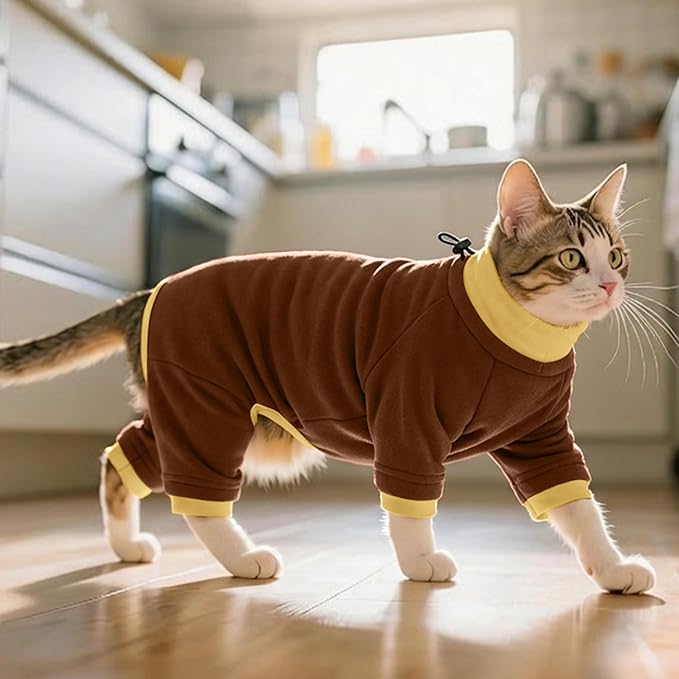 PUMYPOREITY Cat Recovery Suit, Stops Wound Licking After Surgery, Sticky Hair Shirt with Sticky Fabric, Cat Pajamas Prevents Over-Grooming, Brown, S