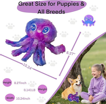 Clairooo Squeaky Dog Toys, Rainbow Crinkle Octopus, Plush Dog Toys for Chewing, Interactive, Soft Fabric for Small, Medium & Large Dogs, Daily Companionship, Training Reward, (Purple)