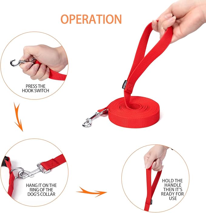 Siumouhoi Strong Durable Nylon Dog Training Leash, 1 Inch Wide Traction Rope, 6 ft 10ft 15ft Long, for Small and Medium Dog (Red, 15 Feet)