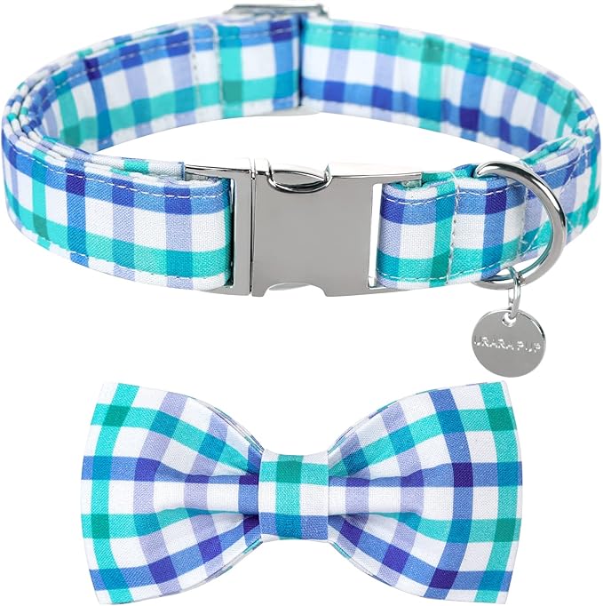 UP URARA PUP Dog Collar Bow Tie, Comfortable Durable Cotton Bowtie Collar for Medium Girl Boy Dog, Adorable Dog Collar with Metal Buckle, Blue Grid Gift Collar, M
