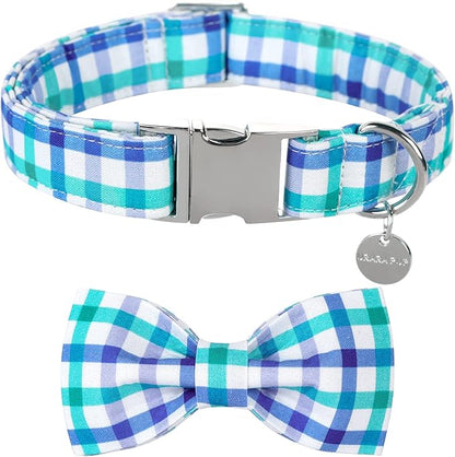 UP URARA PUP Dog Collar Bow Tie, Comfortable Durable Cotton Bowtie Collar for X-Large Girl Boy Dog, Adorable Dog Collar with Metal Buckle, Blue Grid Gift Collar, XL
