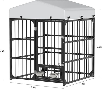 YITAHOME Outdoor Dog Enclosure with Rotating Feeder Bowls, 4'L x 4'W x 5'H Outside Dog Kennel with Roof, Heavy Duty Dog Cage for Small Medium Dogs