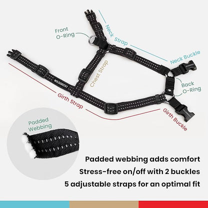 Wildebeest Valencia No Pull Dog Harness | Front and Back Leash Clips | Soft Padded Straps | Lightweight, Adjustable, Easy On/Off for Training and Dog Walking | X-Small Black
