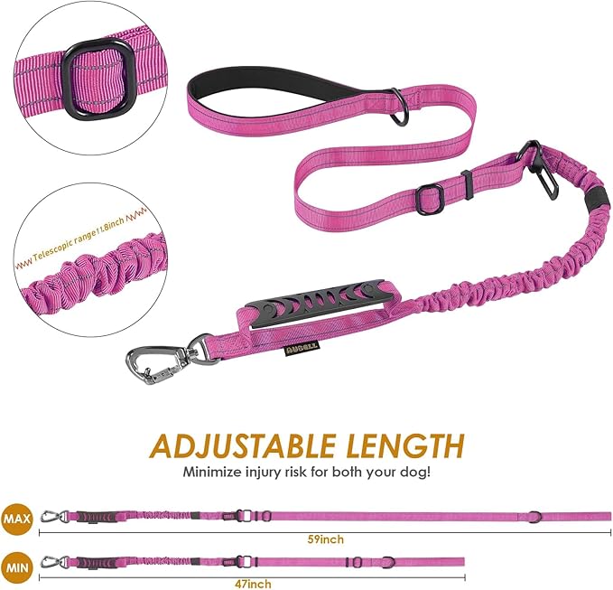 AUBELL Tactical Dog Leash Heavy Duty,4-6ft Reflective Strong No Pull Bungee Leash for Medium Large Dogs with Comfortable Padded Double Handle,Car Seat Belt,360 Degree Rotating Carabiner,Pink