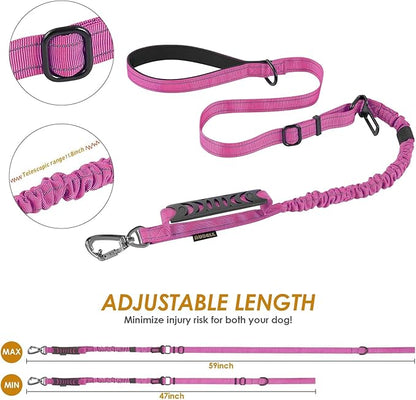 AUBELL Tactical Dog Leash Heavy Duty,4-6ft Reflective Strong No Pull Bungee Leash for Medium Large Dogs with Comfortable Padded Double Handle,Car Seat Belt,360 Degree Rotating Carabiner,Pink