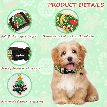 Christmas Dog Collar for Medium Dogs, Adjustable Green Small Dog Collars with Gingerbread Man Pattern, Cute Dog Christmas Collar for Dogs, Winter Holiday Dog Collar for Girl Boy Dog-M