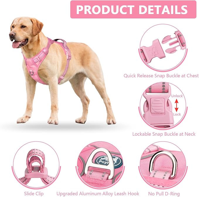 PoyPet No Pull Dog Harness, No Choke Reflective Dog Vest, Adjustable Pet Harnesses with Easy Control Padded Handle for Small Medium Large Dogs(Light Pink Matching Trim,L)