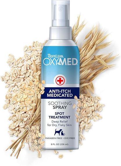 TropiClean OxyMed Hot Spot Treatment for Dogs, Medicated Dog Itching Skin Relief Spray, Anti-Itch Spray Quickly Soothes Skin Irriration, Alleviate Scratching, Chewing & Licking, Safe for Cats, 8oz