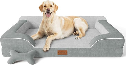 CWAWZ Jumbo Dog Beds for Extra Large Dogs, Orthopedic Dog Bed with Cooling Gel Memory Foam, Waterproof Pet Bed with Removable Washable Cover, 45" Pet Sofa Couch Velvet with Bone Toy, Light Gray