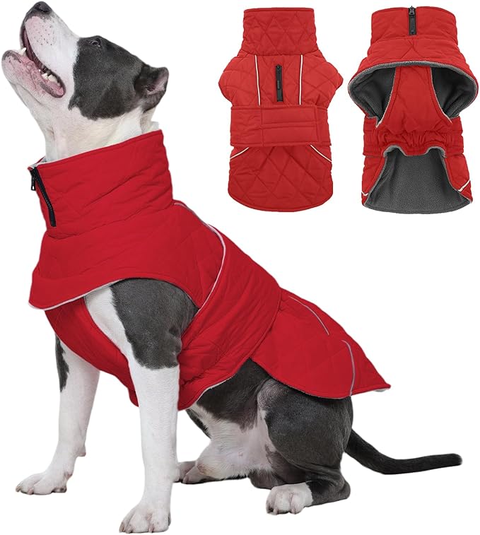 Kuoser Dog Winter Coat Waterproof Dog Snow Jacket, Warm Fleece Lined Pet Turtleneck Snowsuit Puppy Cold Weather Coats with Harness Hole, Adjustable Winter Vest for Medium Large Dogs, Red, L