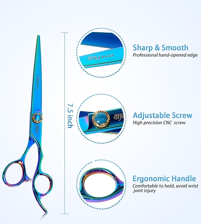 Stjuo 7.5'' Dog Straight Scissors for Grooming 440C Stainless Steel Green Professional Pet Trimming Scissors Sharp Blades Cutting for Dogs and Cats Shears