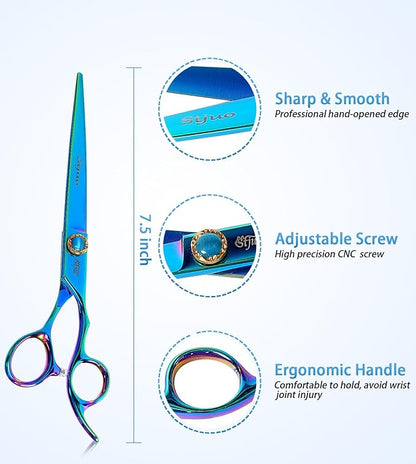 Stjuo 7.5'' Dog Straight Scissors for Grooming 440C Stainless Steel Green Professional Pet Trimming Scissors Sharp Blades Cutting for Dogs and Cats Shears