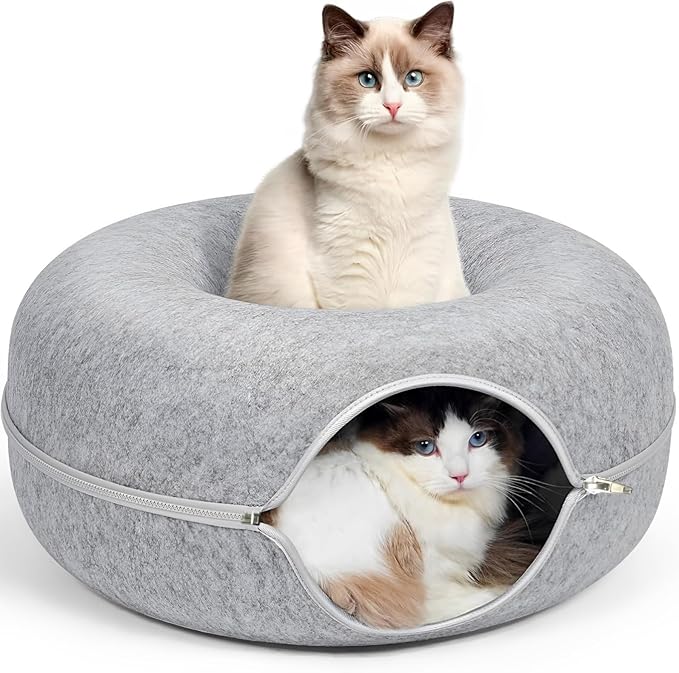 ZVGV 24inch-Tunnel Bed for Indoor,cattasaurus Peekaboo cat cave for Multiple,Detachable Felt Felt Washable Interior for Indoor Cats,Donut Tunnel (Light Gray)