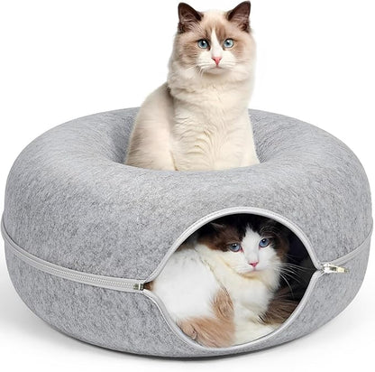 ZVGV 24inch-Tunnel Bed for Indoor,cattasaurus Peekaboo cat cave for Multiple,Detachable Felt Felt Washable Interior for Indoor Cats,Donut Tunnel (Light Gray)