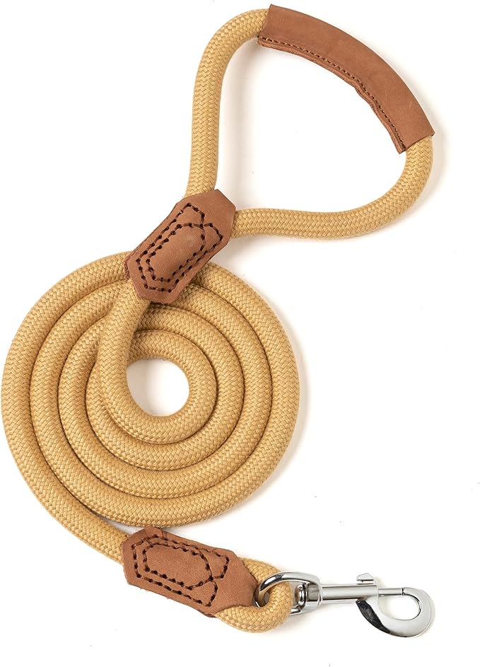Mile High Life | Premium Leather Handle Dog Leash | Strong Rope Leash | Zinc Alloy Strong Clasp | Small Medium Large Dogs | 4/5/6 Feet(Yellow, 48 Inch (Pack of 1))