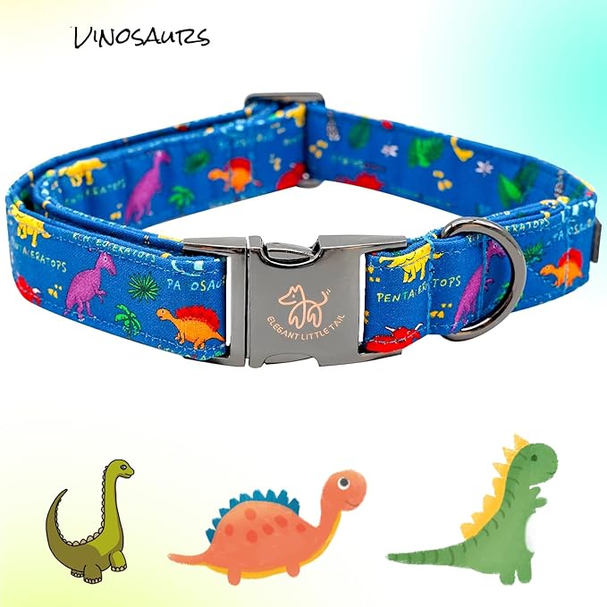 Elegant little tail Dog Collar, Blue Dinosaurs Pattern Pet Collar Durable Cute Dog Collars Male or Female Pet Gift Adjustable Dog Collar for X-Large Dogs