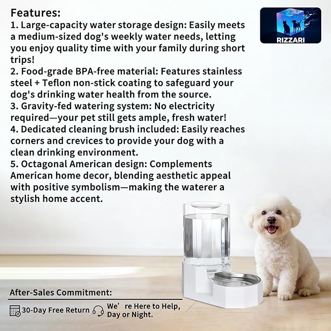Sfozstra Dog Water Bowl Dispenser: 6L Large White Gravity Stainless Steel Bowl - Without Filter - Pet Feeder for Pets Indoor/Outdoor Use by Owners