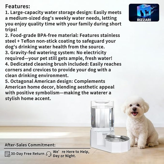 Sfozstra Dog Water Bowl Dispenser: 6L Large White Gravity Stainless Steel Bowl - Without Filter - Pet Feeder for Pets Indoor/Outdoor Use by Owners