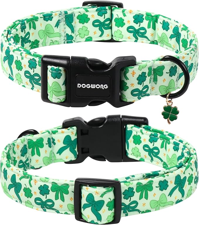 DOGWONG St Patrick's Day Dog Collar-Cute Green Clovers Dog Collar, Adjustable Cotton Shamrock Pet Collar Trefoil Puppy Collars with Quick Release Buckle,L