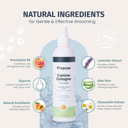 Prepaw Natural Pet Cologne - Powdery Floral Scent, 3-in-1 Deodorizing, Conditioning & Moisturizing Spray for Dogs & Cats - Long Lasting. Daily Use, 8 fl oz (Female Pet)