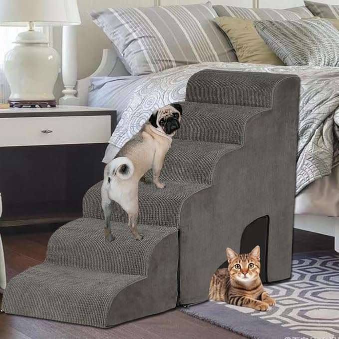 MALOROY Dog Stairs for High Beds 25-30 inches Tall, 6-Step Dog Steps for High Bed for Doggies/Kitties, 30D Foam Pet Stairs Steps for Small Dogs, Doggie Ramp/Ladder for Old Dogs/Cats, Grey