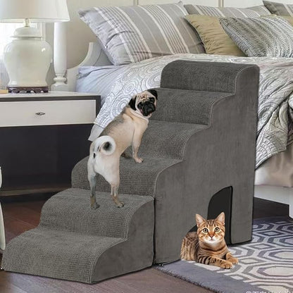 MALOROY Dog Stairs for High Beds 25-30 inches Tall, 6-Step Dog Steps for High Bed for Doggies/Kitties, 30D Foam Pet Stairs Steps for Small Dogs, Doggie Ramp/Ladder for Old Dogs/Cats, Grey