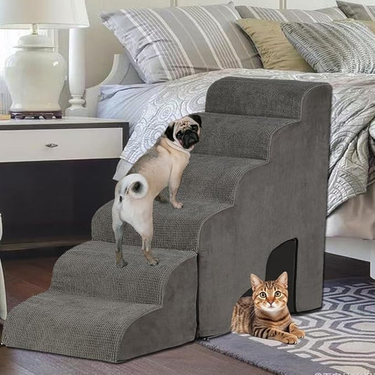 MALOROY Dog Stairs for High Beds 25-30 inches Tall, 6-Step Dog Steps for High Bed for Doggies/Kitties, 30D Foam Pet Stairs Steps for Small Dogs, Doggie Ramp/Ladder for Old Dogs/Cats, Grey