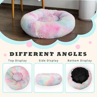 Calming Dog Bed for Medium Dogs Washable Donut 30 inches Anti-Slip Pet Bed,Round Fluffy Plush Faux Fur Cat Bed,Fits up to 45 lbs Pets,Multi Colored
