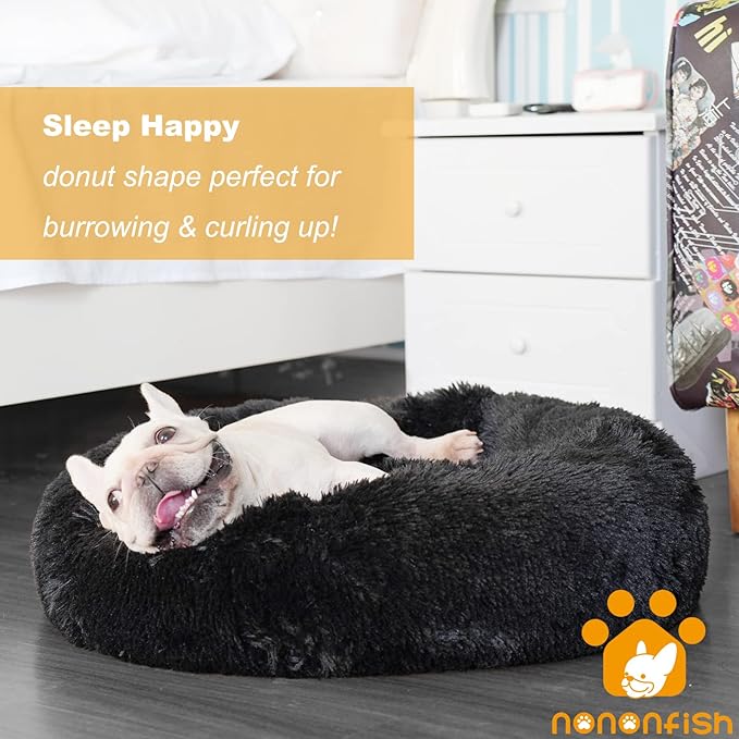 Calming Donut Dogs Beds for Small Dogs Washable,23inch Plush Round Pet Bed for Cozy Sleep,Fluffy Faux Fur Large Cat Bed,Fits up to 25 lbs Pets,Black