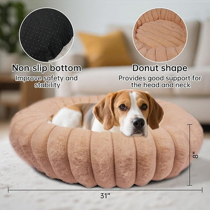 Vhen When Donut Dog and Cat Bed, Luxurious Comfortable Faux Rabbit Fur Pet Beds, Round Anti-Anxiety Calming Puppy Kitten Bed with Anti-Slip Bottom for Small Medium Large Dogs & Cats(31", Brown)