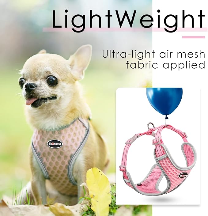 ThinkPet Reflective Breathable Soft Air Mesh No Pull Puppy Choke Free Over Head Vest Harness for Puppy Small Medium Dogs and Cats Pink Medium