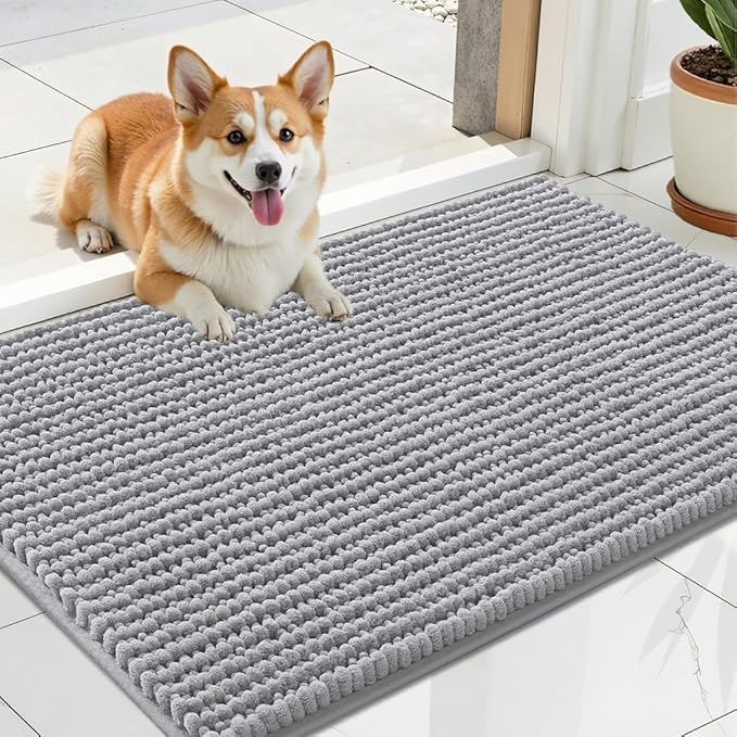 OLANLY Dog Door Mat for Muddy Paws 24x16, Ultra Absorbent Chenille Mud Doormat, Non-Slip Washable and Dirt Trapping Doormat for Indoor Entryway, Quick-Dry Indoor Pet Bed Mats for Dogs, Light Grey