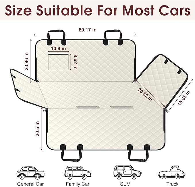 NECKORY Waterproof Dog Car Seat Cover for Back Seat - Durable, Scratch Proof Pet Hammock with Nonslip Design & Storage Pockets, Fits Cars, SUVs, Trucks - L, Beige/Black