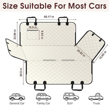 NECKORY Waterproof Dog Car Seat Cover for Back Seat - Durable, Scratch Proof Pet Hammock with Nonslip Design & Storage Pockets, Fits Cars, SUVs, Trucks - L, Beige/Black