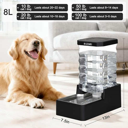 RIZZARI Stainless Steel Pet Waterer: 8L Black Gravity Fed Water Dispenser Leak-Proof for Senior Dogs Joint Care Home Owners - Bedroom Garden Use