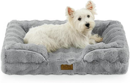 COZY KISS Orthopedic Dog Bed for Medium Small Size Dog, Soft and Warm Faux Fur Sofa for Pet Up to 40 lbs, Foam Bolster Anti-Slip Couch with Washable Removable Cover, M 30x20x6.5 inch, Grey